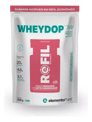 Elemento Puro Whey Refil Wheydop 3w Morango C/Leite Condensado Plastico 900 G/33 Servs Rojo